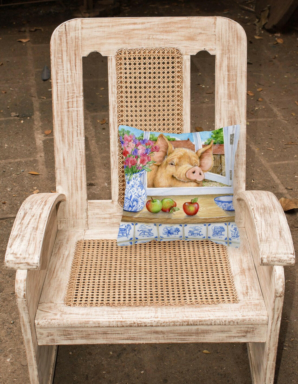 Pig trying to reach the Apple in the Window Decorative Throw Pillow 14x14 Indoor Outdoor Accent Cushion, Fabric Cover with Insert for Sofa, Bed, Porch & Living Room