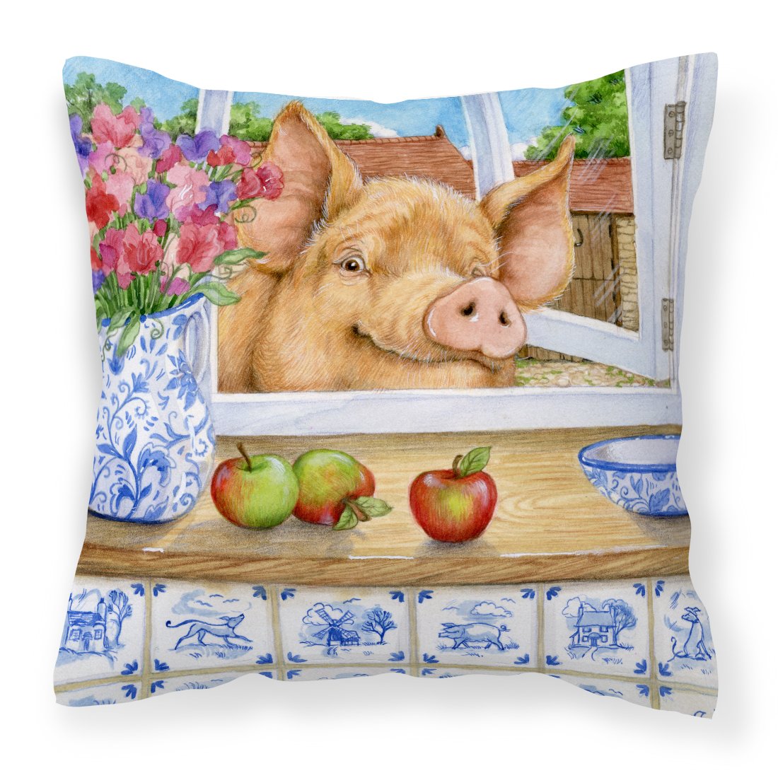 Pig trying to reach the Apple in the Window Decorative Throw Pillow 18x18 Indoor Outdoor Accent Cushion, Fabric Cover with Insert for Sofa, Bed, Porch & Living Room