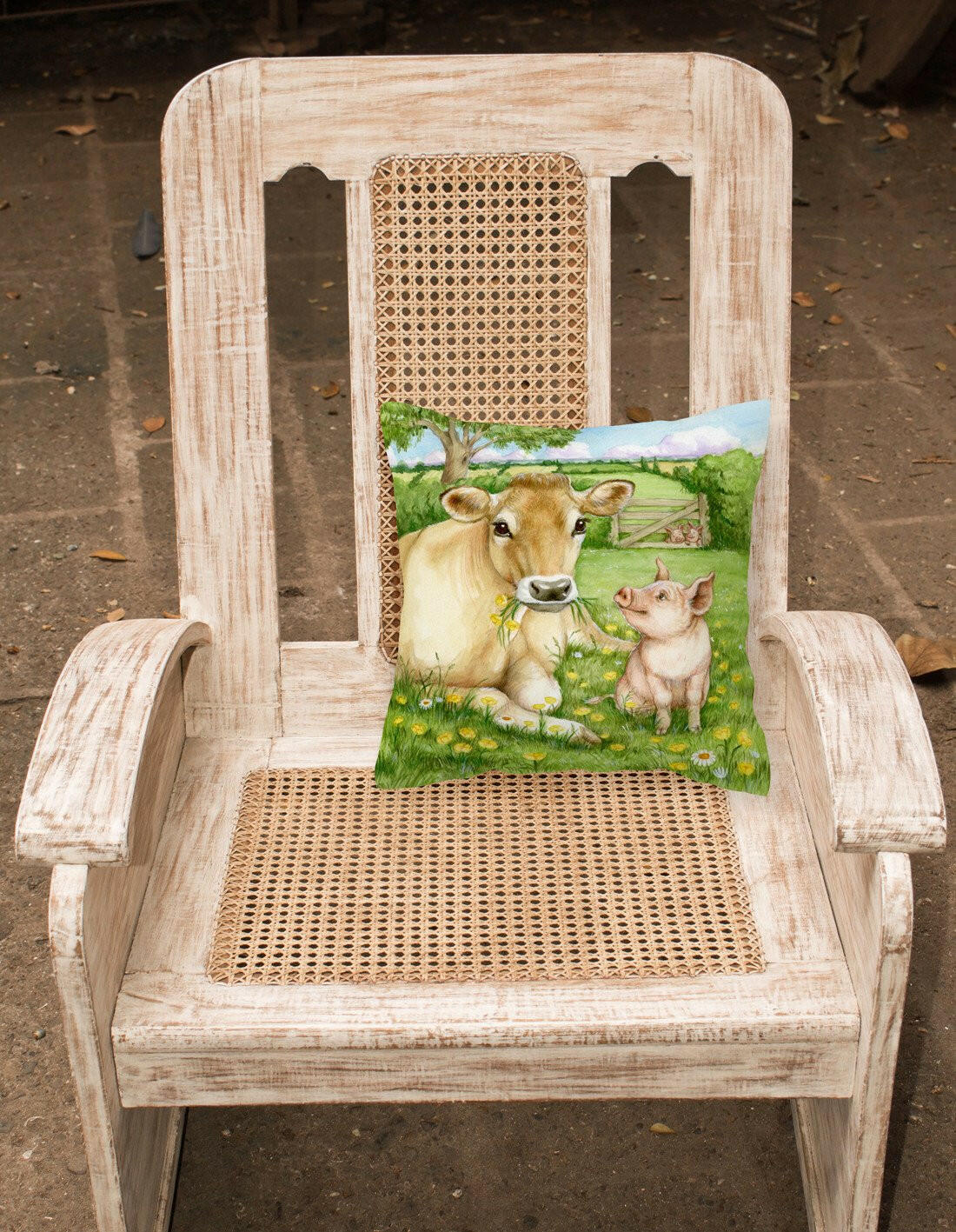 Pigs and Cow Good Friends Decorative Throw Pillow 14x14 Indoor Outdoor Accent Cushion, Fabric Cover with Insert for Sofa, Bed, Porch & Living Room