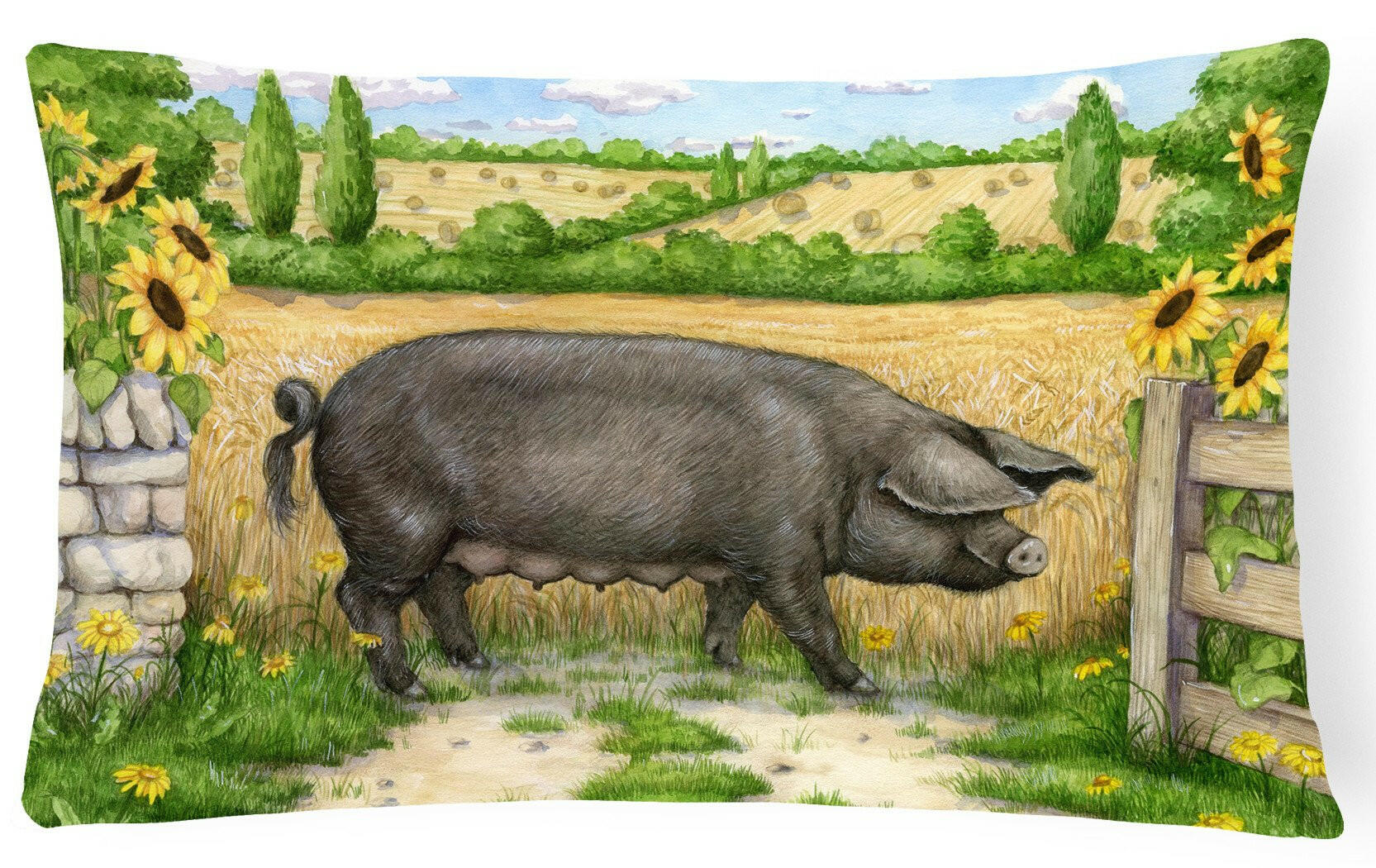 Black Pig with Sunflowers Decorative Throw Pillow 12x16 Indoor Outdoor Accent Cushion, Fabric Cover with Insert for Sofa, Bed, Porch & Living Room