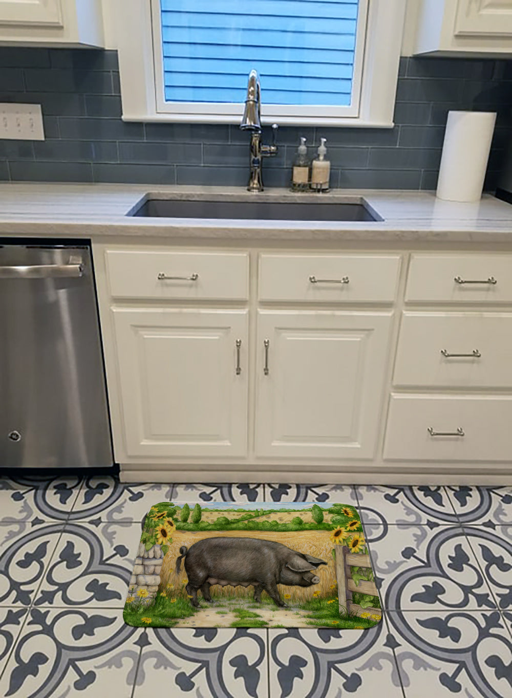 Black Pig with Sunflowers Memory Foam Kitchen Mat Machine Washable Anti-Fatigue Cushion Comfort Bath or Kitchen Rug