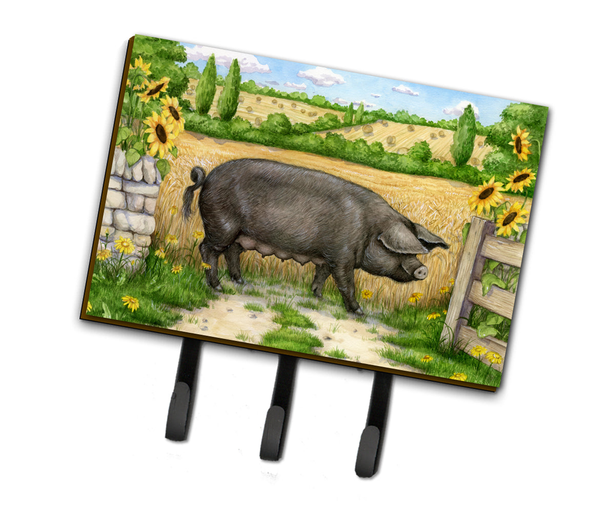 Black Pig with Sunflowers Leash or Key Holder Wall Hooks, Coat Rack Wall Mount, for Hanging Keys, Towels, Aprons, Leashes