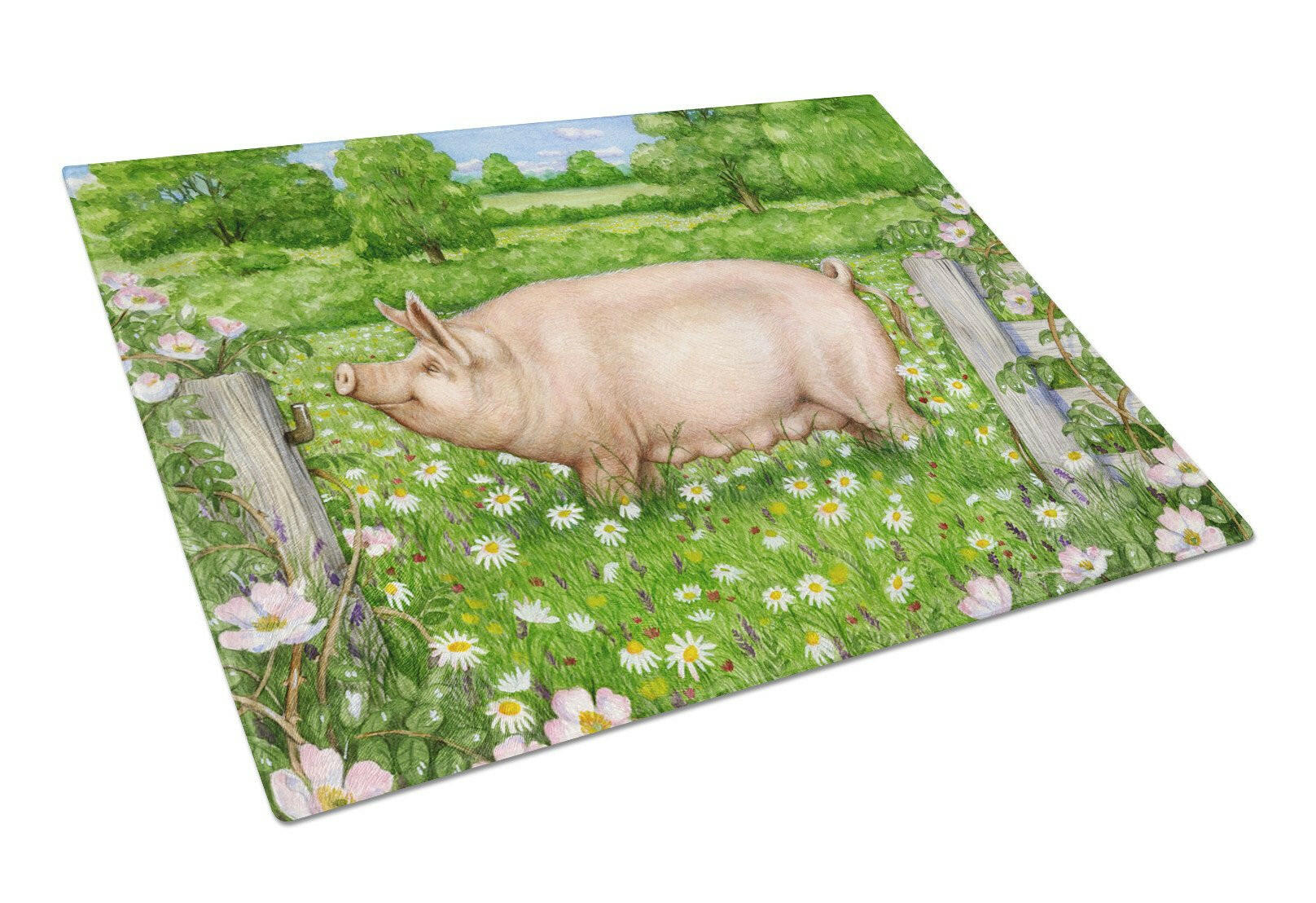 Pig In Dasies by Debbie Cook Cutting Board Tempered Glass Kitchen Cutting Surface, Heat Resistant Chopping, Non-Slip Feet, Food Prep & Serving
