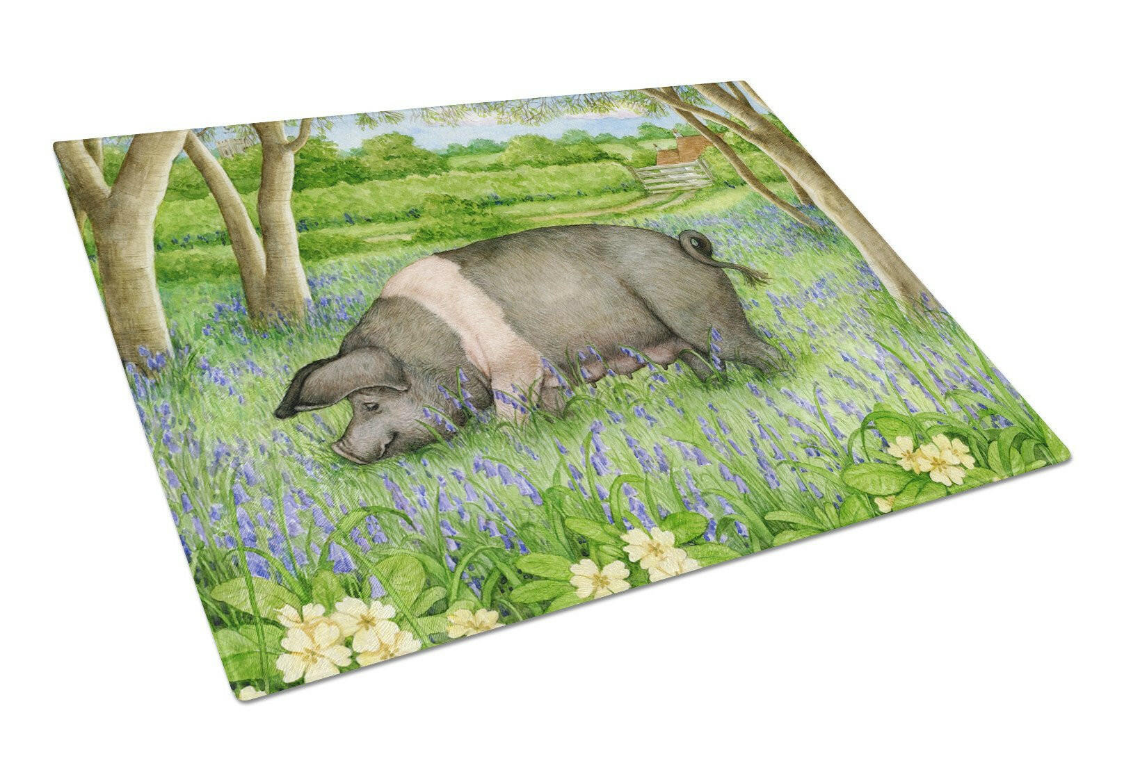 Pig In Bluebells by Debbie Cook Cutting Board Tempered Glass Kitchen Cutting Surface, Heat Resistant Chopping, Non-Slip Feet, Food Prep & Serving