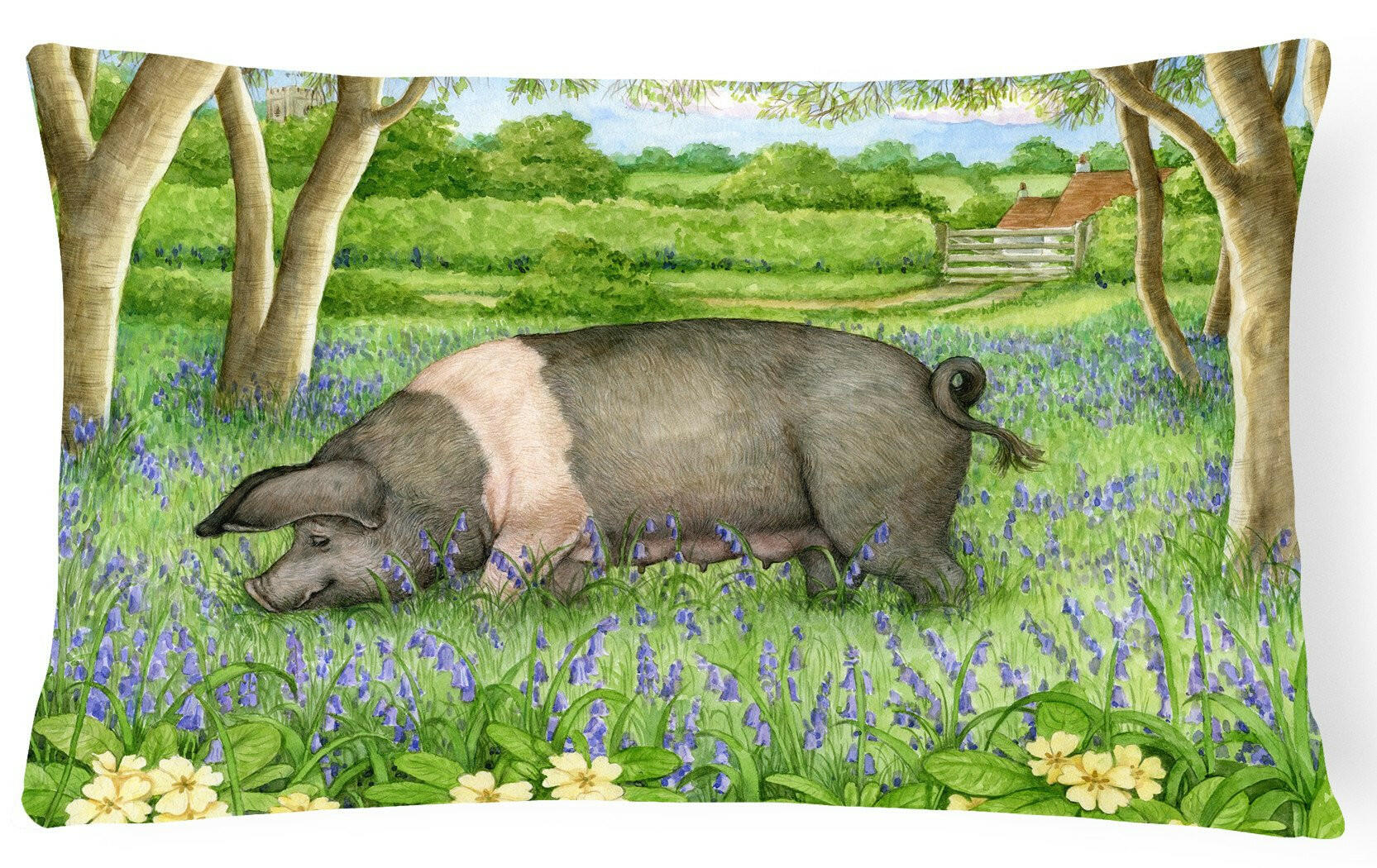 Pig In Bluebells by Debbie Cook Decorative Throw Pillow 12x16 Indoor Outdoor Accent Cushion, Fabric Cover with Insert for Sofa, Bed, Porch & Living Room