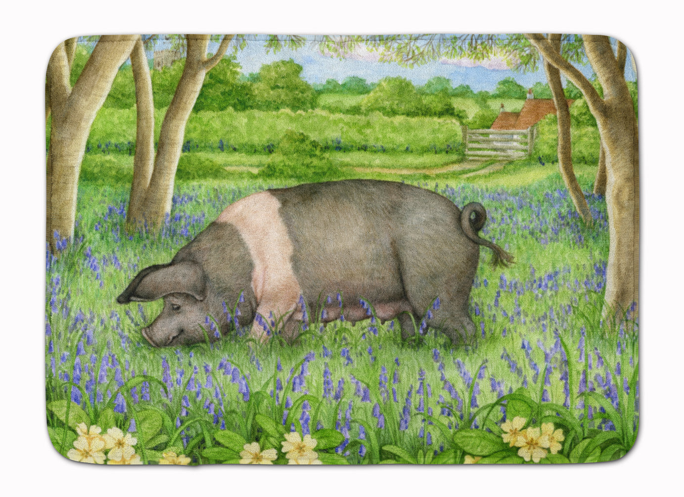 Pig In Bluebells by Debbie Cook Memory Foam Kitchen Mat Machine Washable Anti-Fatigue Cushion Comfort Bath or Kitchen Rug