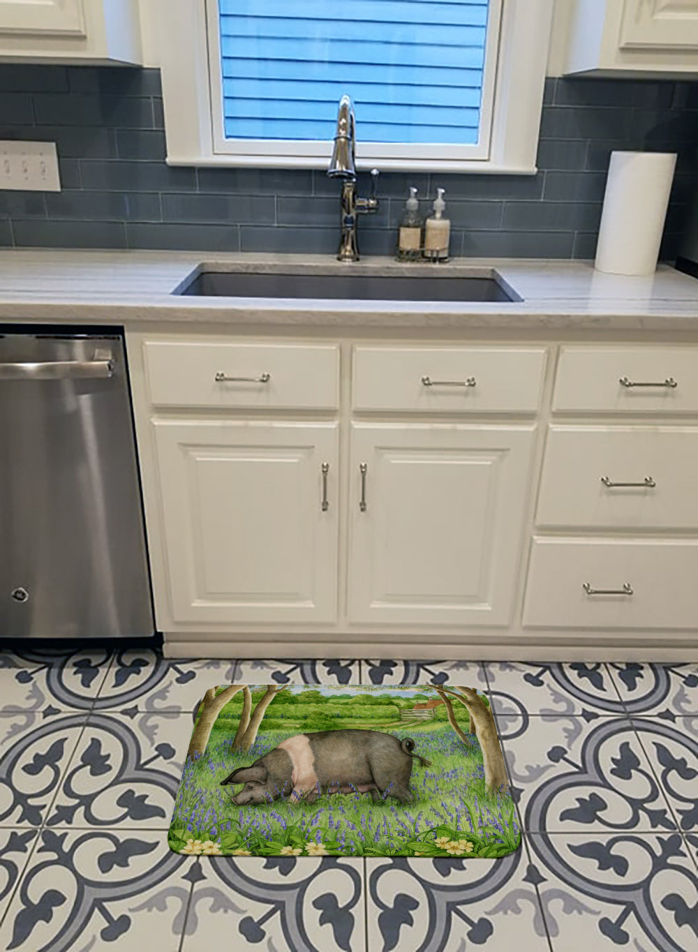 Pig In Bluebells by Debbie Cook Memory Foam Kitchen Mat Machine Washable Anti-Fatigue Cushion Comfort Bath or Kitchen Rug