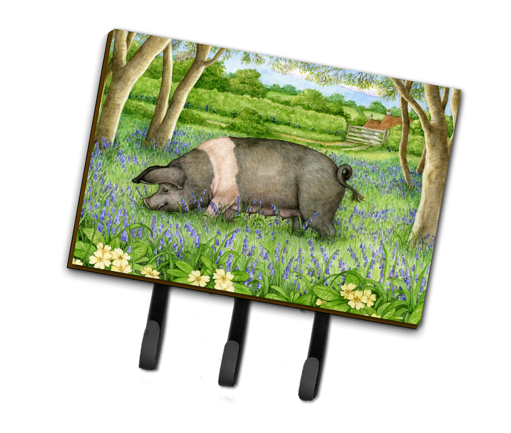 Pig In Bluebells by Debbie Cook Leash or Key Holder Wall Hooks, Coat Rack Wall Mount, for Hanging Keys, Towels, Aprons, Leashes