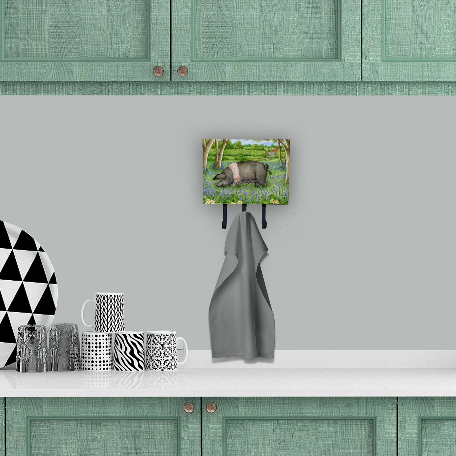 Pig In Bluebells by Debbie Cook Leash or Key Holder Wall Hooks, Coat Rack Wall Mount, for Hanging Keys, Towels, Aprons, Leashes