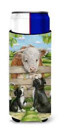 Bull and Pup Friends by Debbie Cook Slim Can Hugger , Insulated Foam Hugger for 12 oz Slim Cans, Beer Bottles & Water Bottles, Printed in USA