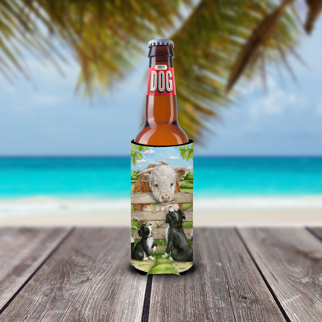 Bull and Pup Friends by Debbie Cook Slim Can Hugger , Insulated Foam Hugger for 12 oz Slim Cans, Beer Bottles & Water Bottles, Printed in USA