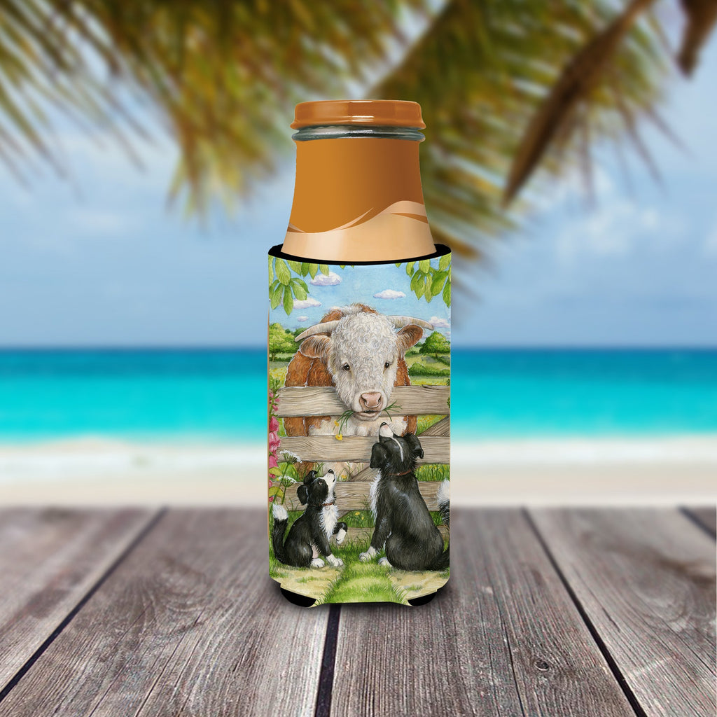 Bull and Pup Friends by Debbie Cook Slim Can Hugger , Insulated Foam Hugger for 12 oz Slim Cans, Beer Bottles & Water Bottles, Printed in USA