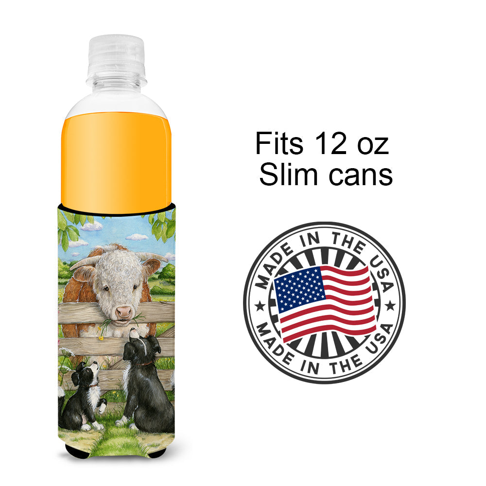 Bull and Pup Friends by Debbie Cook Slim Can Hugger , Insulated Foam Hugger for 12 oz Slim Cans, Beer Bottles & Water Bottles, Printed in USA