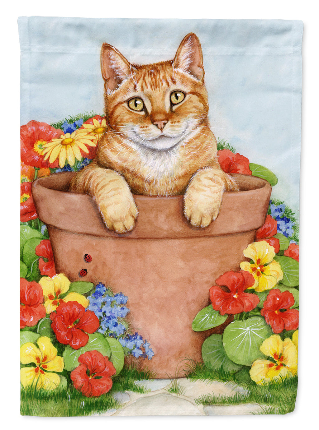 Ginger Cat In Pot by Debbie Cook House Flag 28x40 Porch Sleeve Pole Decorative Outside Yard Banner Artwork Wall Hanging, Polyester