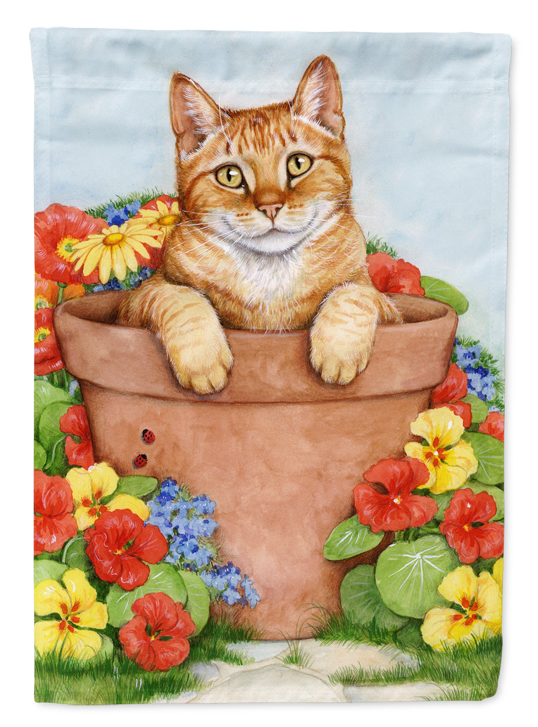 Ginger Cat In Pot by Debbie Cook House Flag 28x40 Porch Sleeve Pole Decorative Outside Yard Banner Artwork Wall Hanging, Polyester