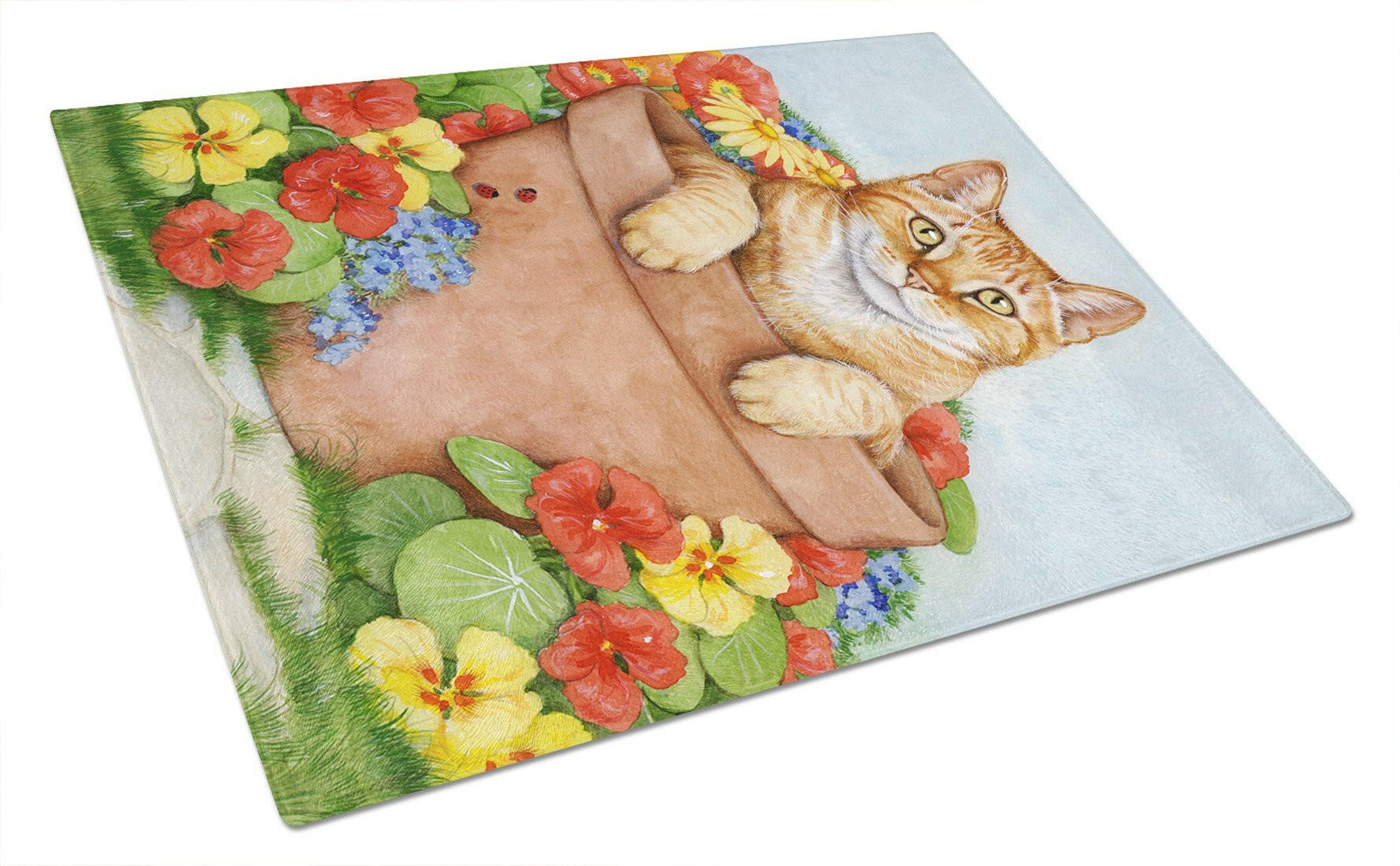Ginger Cat In Pot by Debbie Cook Cutting Board Tempered Glass Kitchen Cutting Surface, Heat Resistant Chopping, Non-Slip Feet, Food Prep & Serving