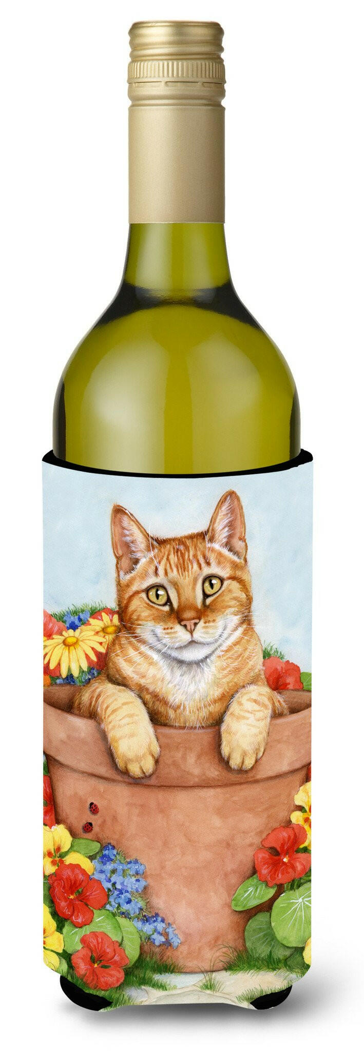 Ginger Cat In Pot by Debbie Cook Wine Bottle Hugger Gift Sleeve for Standard 750 ml Bottles, Insulated Reusable Also Fits Mini Shot & Pint Bottles