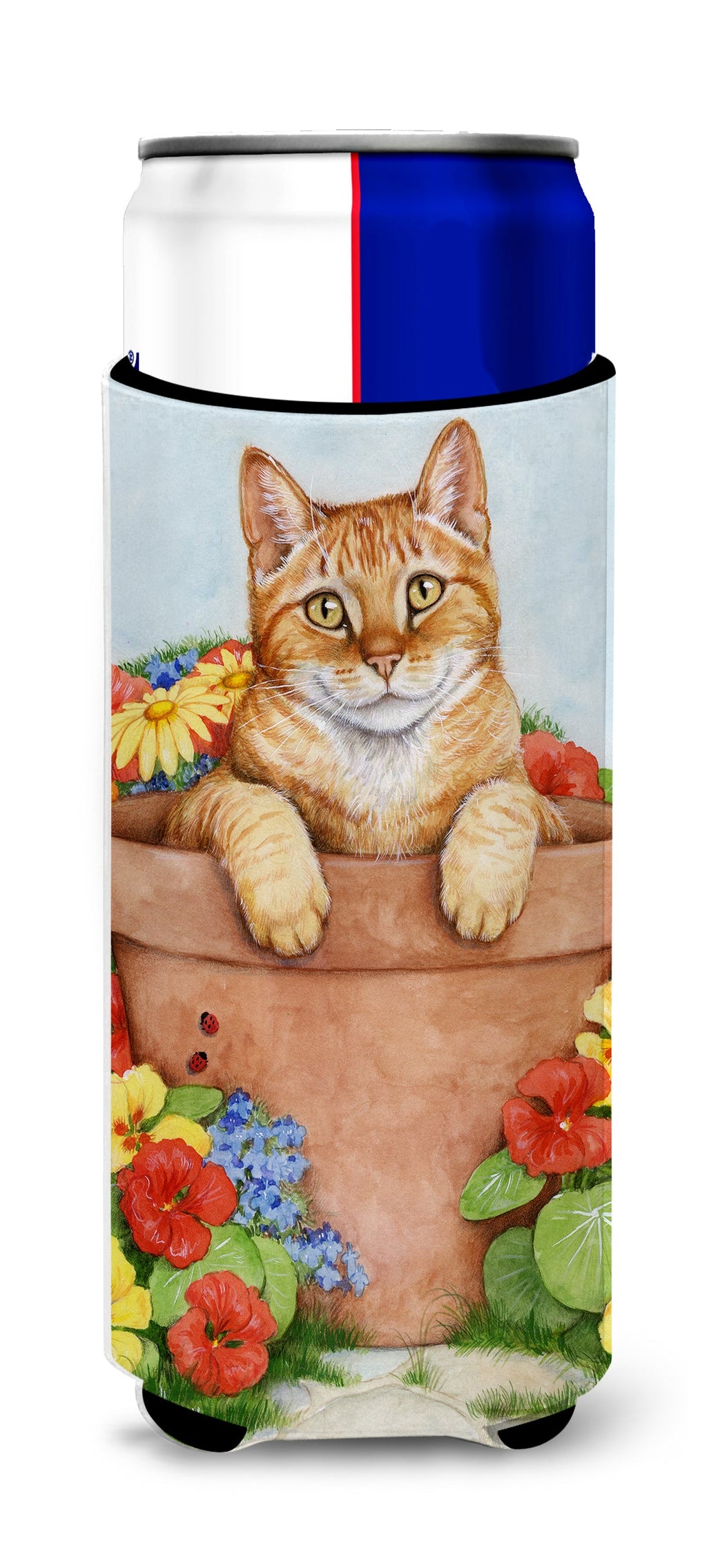 Ginger Cat In Pot by Debbie Cook Slim Can Hugger , Insulated Foam Hugger for 12 oz Slim Cans, Beer Bottles & Water Bottles, Printed in USA