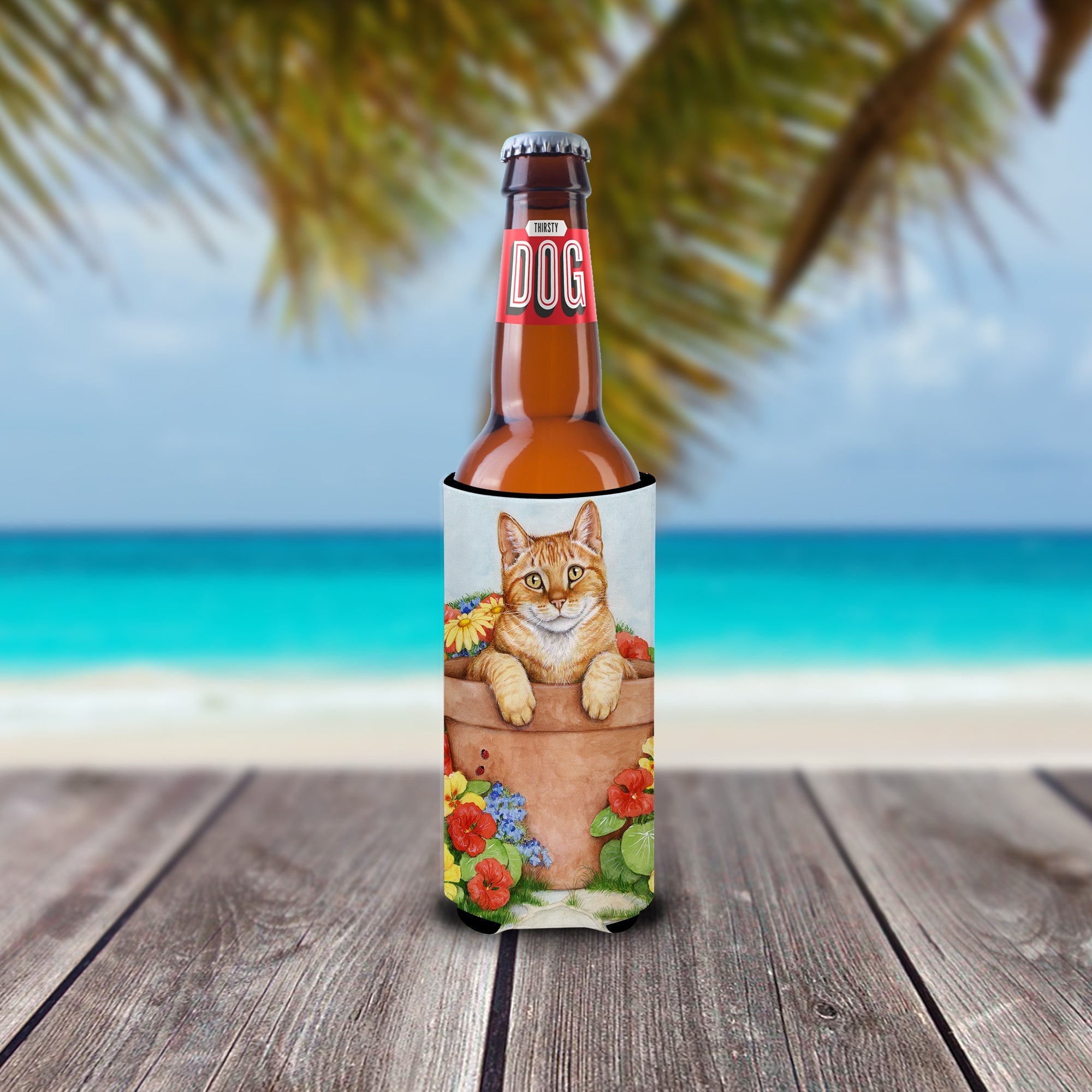 Ginger Cat In Pot by Debbie Cook Slim Can Hugger , Insulated Foam Hugger for 12 oz Slim Cans, Beer Bottles & Water Bottles, Printed in USA