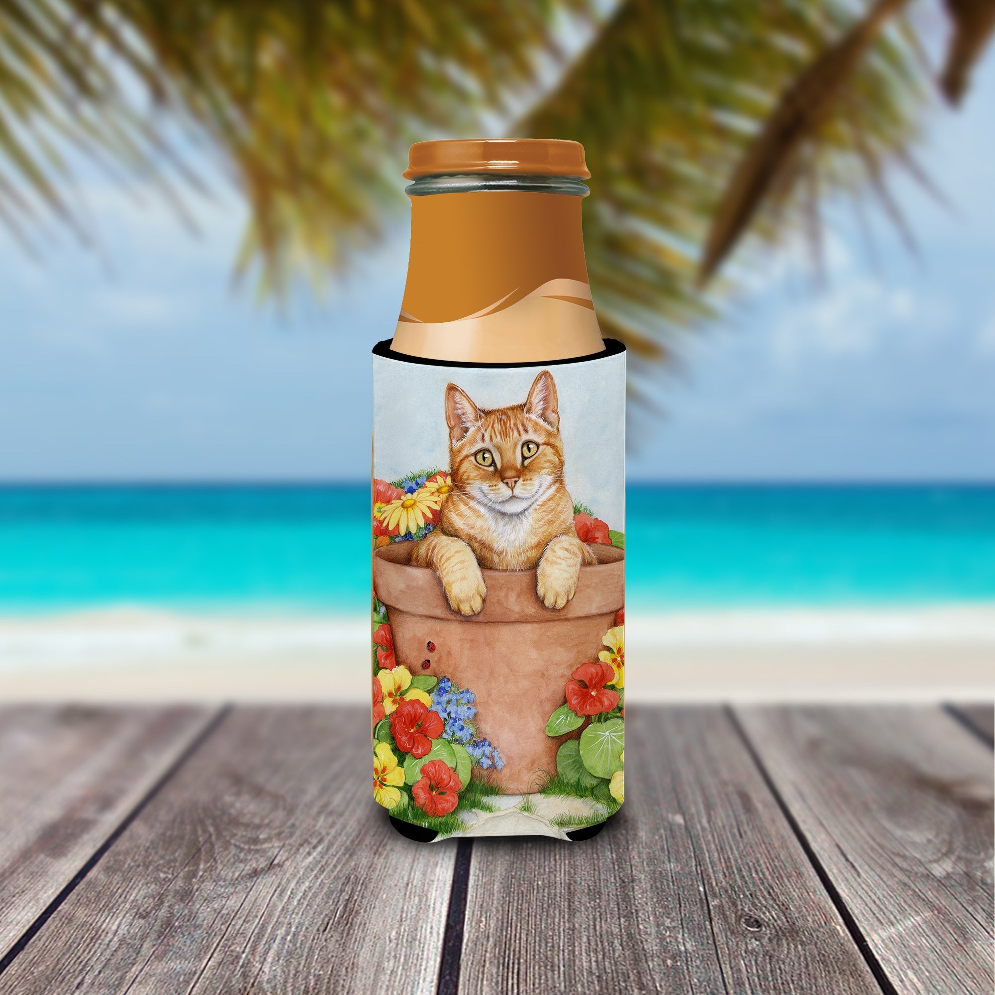 Ginger Cat In Pot by Debbie Cook Slim Can Hugger , Insulated Foam Hugger for 12 oz Slim Cans, Beer Bottles & Water Bottles, Printed in USA