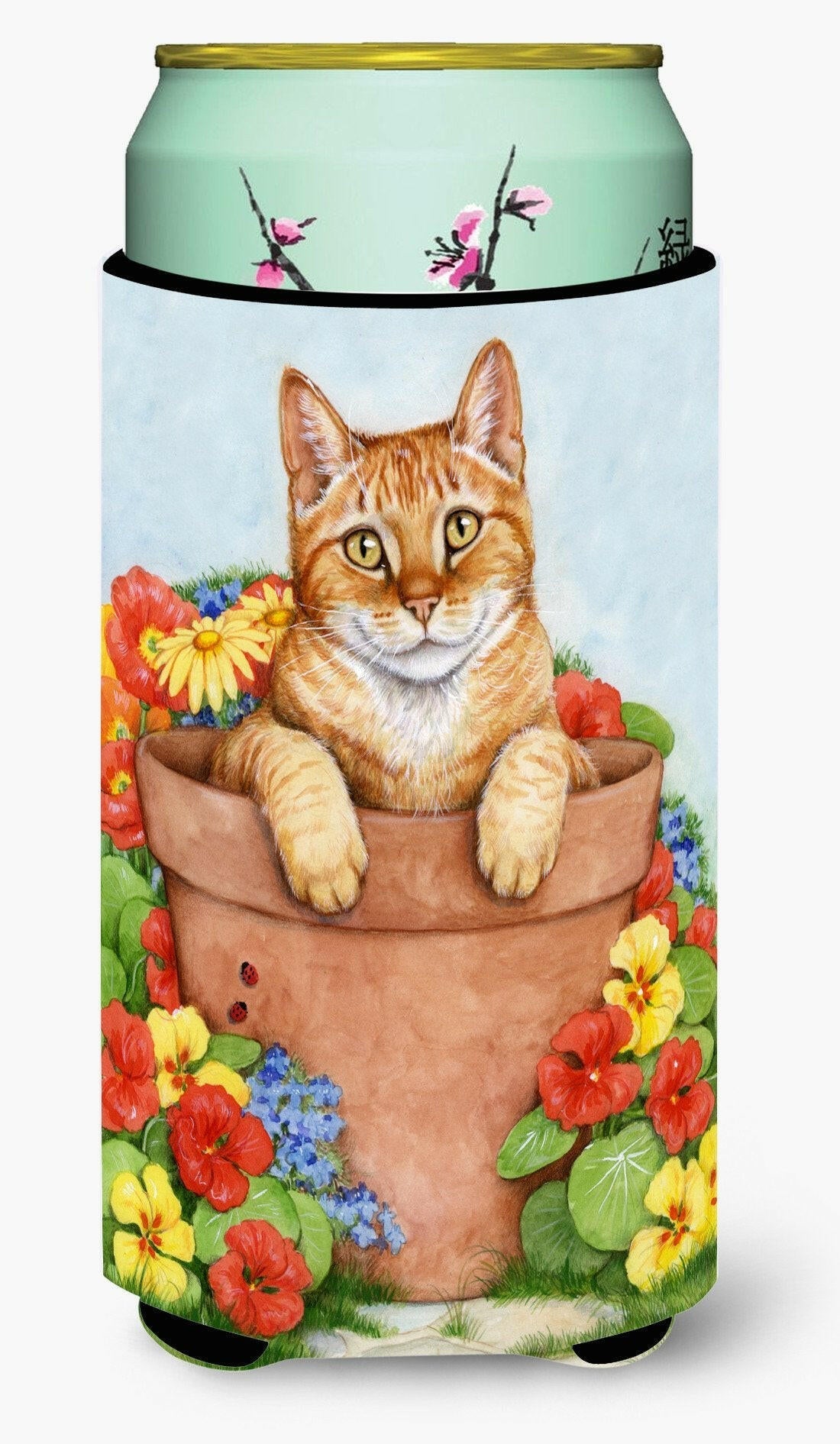 Ginger Cat In Pot by Debbie Cook Tall Boy Hugger Can Cooler Sleeve Machine Washable Drink Collapsible Insulator Beverage Insulated Holder