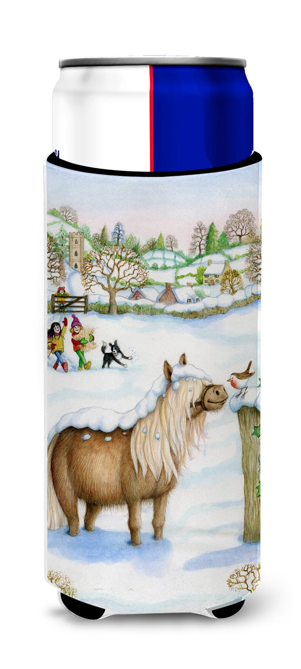 Feeding The Shetland Horse Slim Can Hugger , Insulated Foam Hugger for 12 oz Slim Cans, Beer Bottles & Water Bottles, Printed in USA