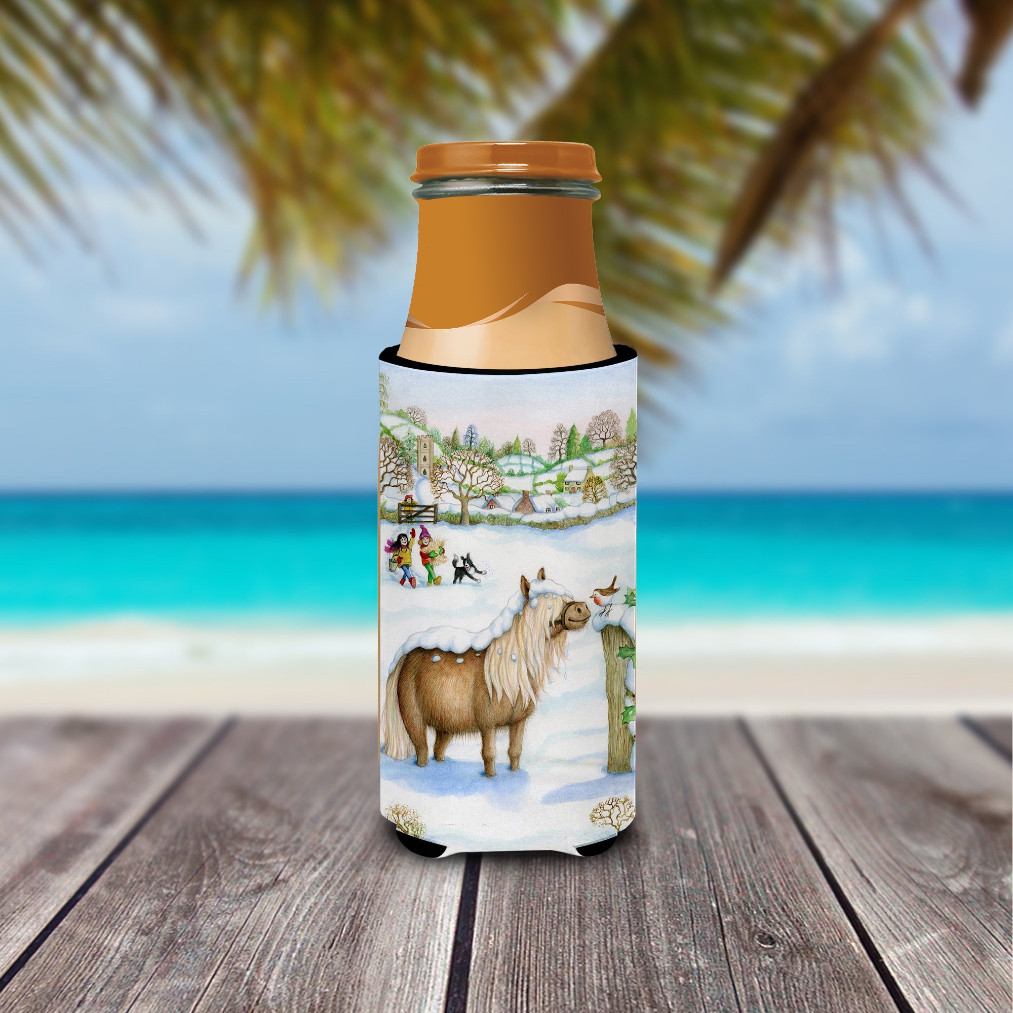 Feeding The Shetland Horse Slim Can Hugger , Insulated Foam Hugger for 12 oz Slim Cans, Beer Bottles & Water Bottles, Printed in USA