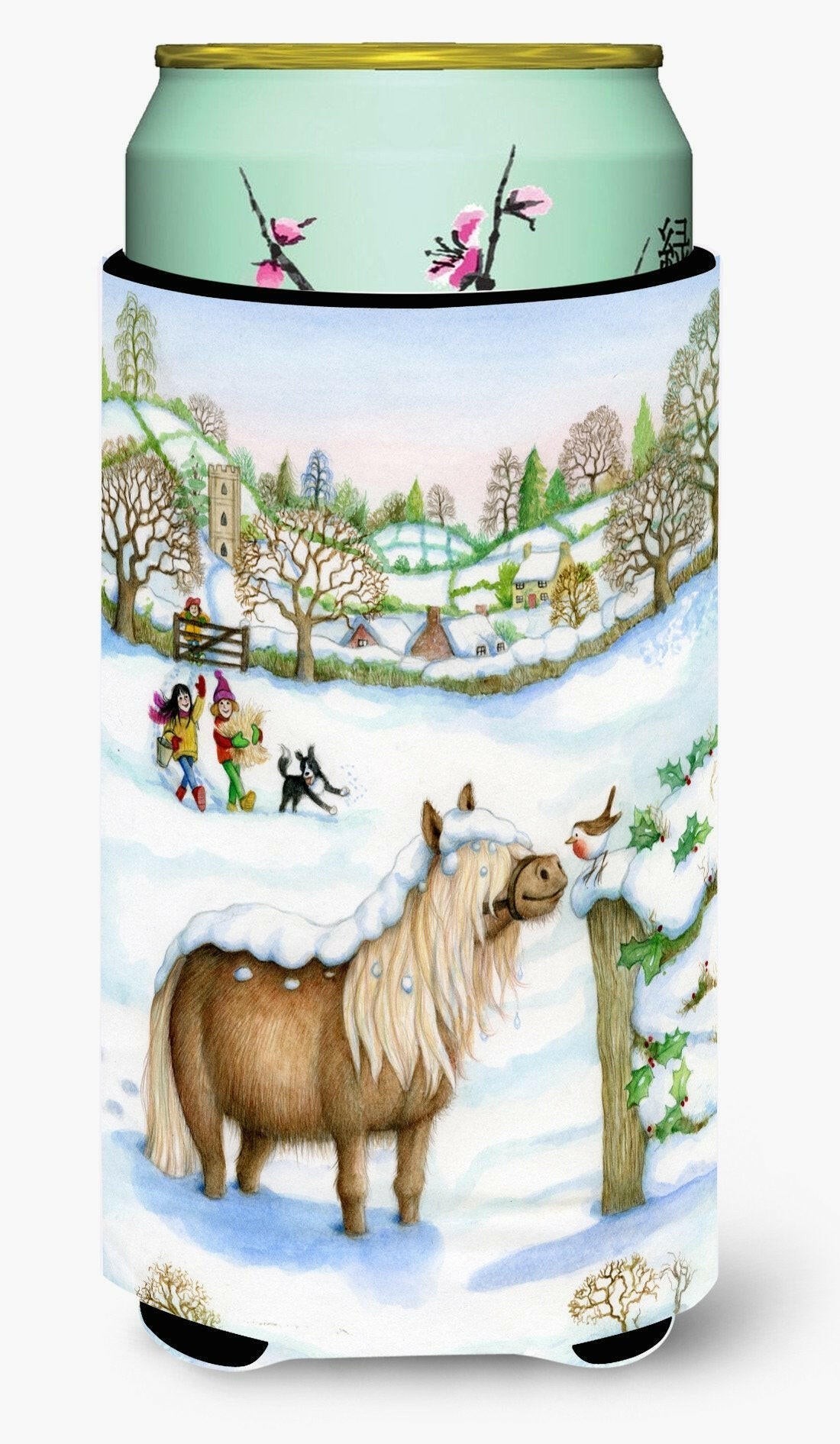 Feeding The Shetland Horse Tall Boy Hugger Can Cooler Sleeve Machine Washable Drink Collapsible Insulator Beverage Insulated Holder