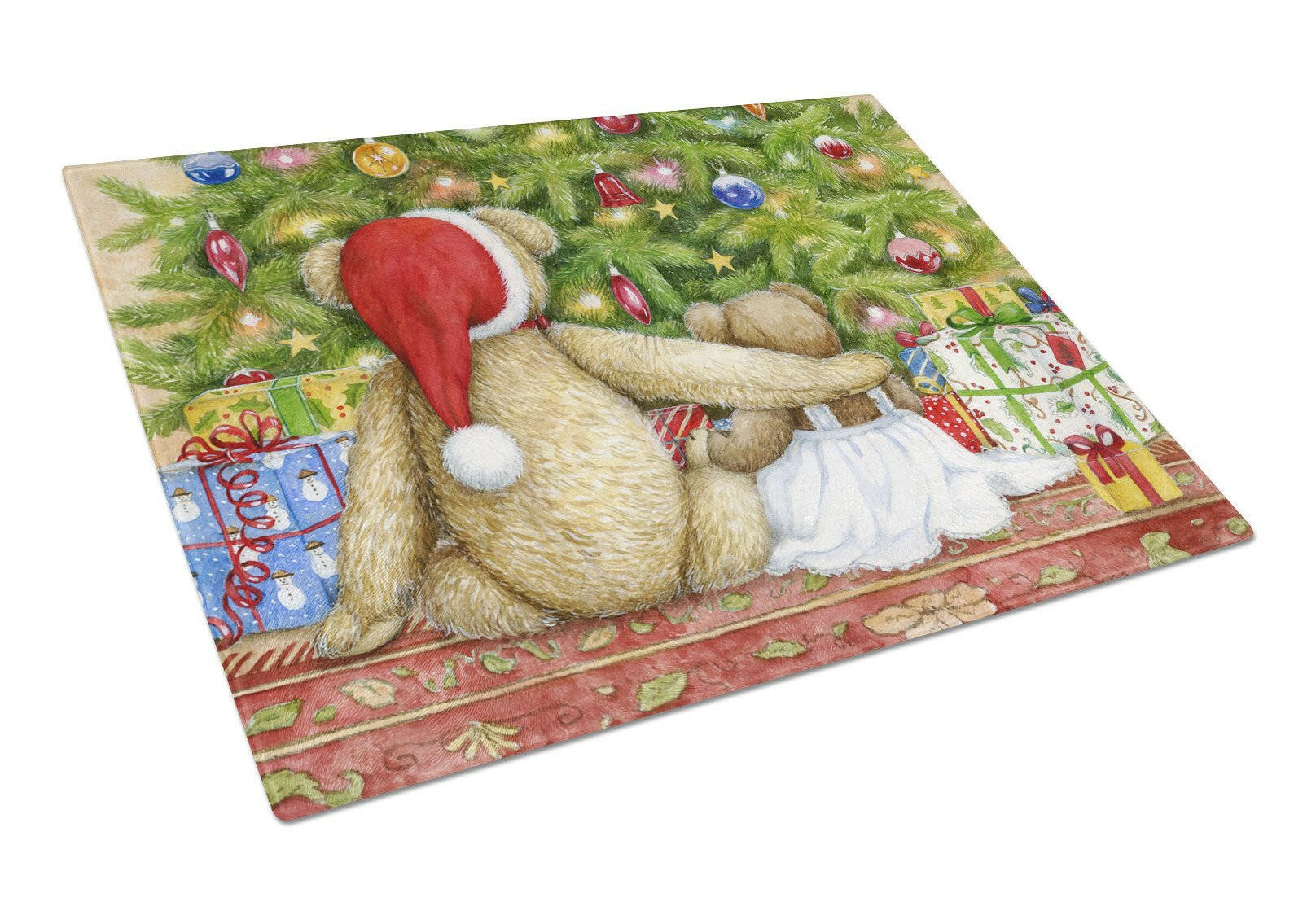 Christmas Teddy Bears with Tree Cutting Board Tempered Glass Kitchen Cutting Surface, Heat Resistant Chopping, Non-Slip Feet, Food Prep & Serving