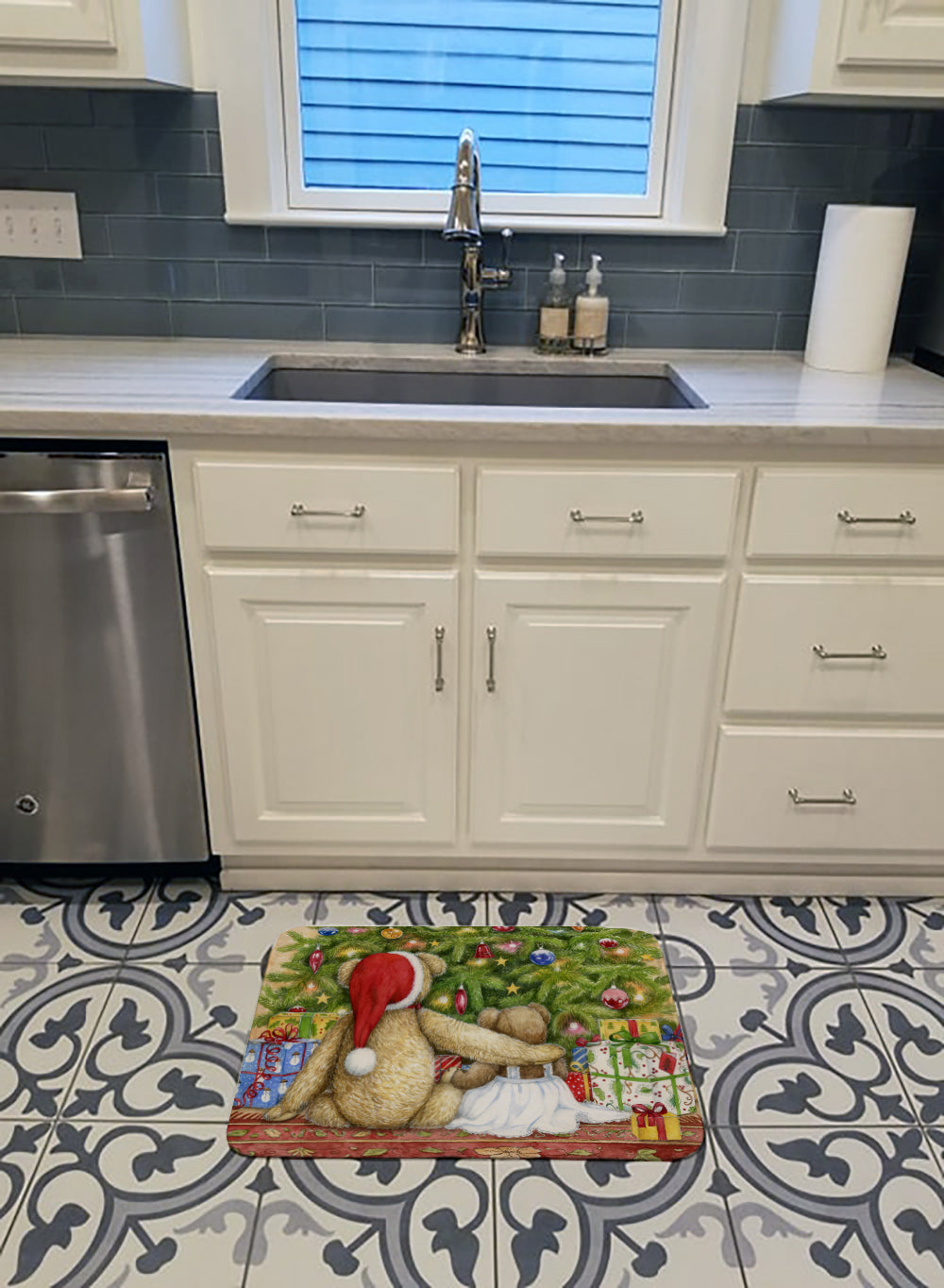 Christmas Teddy Bears with Tree Memory Foam Kitchen Mat Machine Washable Anti-Fatigue Cushion Comfort Bath or Kitchen Rug