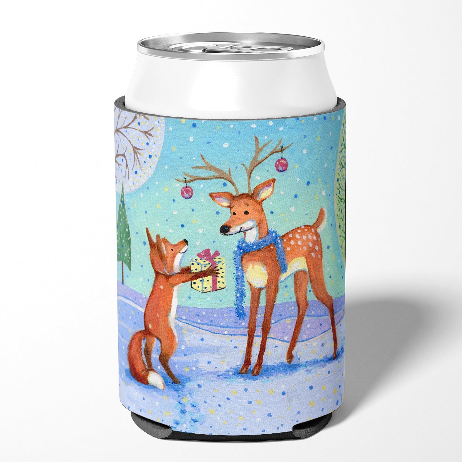 Christmas Present from the Fox Can or Bottle Hugger Cooler Sleeve for Standard 12 oz Cans, Insulated Foam Beer & Soda Can Hugger Reusable