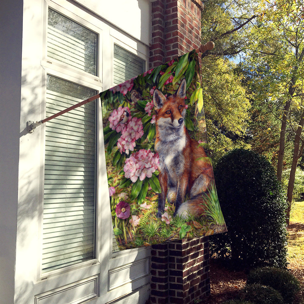Fox Waiting in Flowers House Flag 28x40 Porch Sleeve Pole Decorative Outside Yard Banner Artwork Wall Hanging, Polyester
