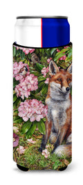 Fox Waiting in Flowers Slim Can Hugger , Insulated Foam Hugger for 12 oz Slim Cans, Beer Bottles & Water Bottles, Printed in USA