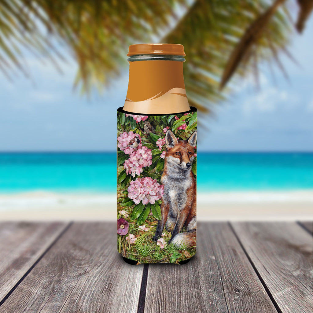 Fox Waiting in Flowers Slim Can Hugger , Insulated Foam Hugger for 12 oz Slim Cans, Beer Bottles & Water Bottles, Printed in USA