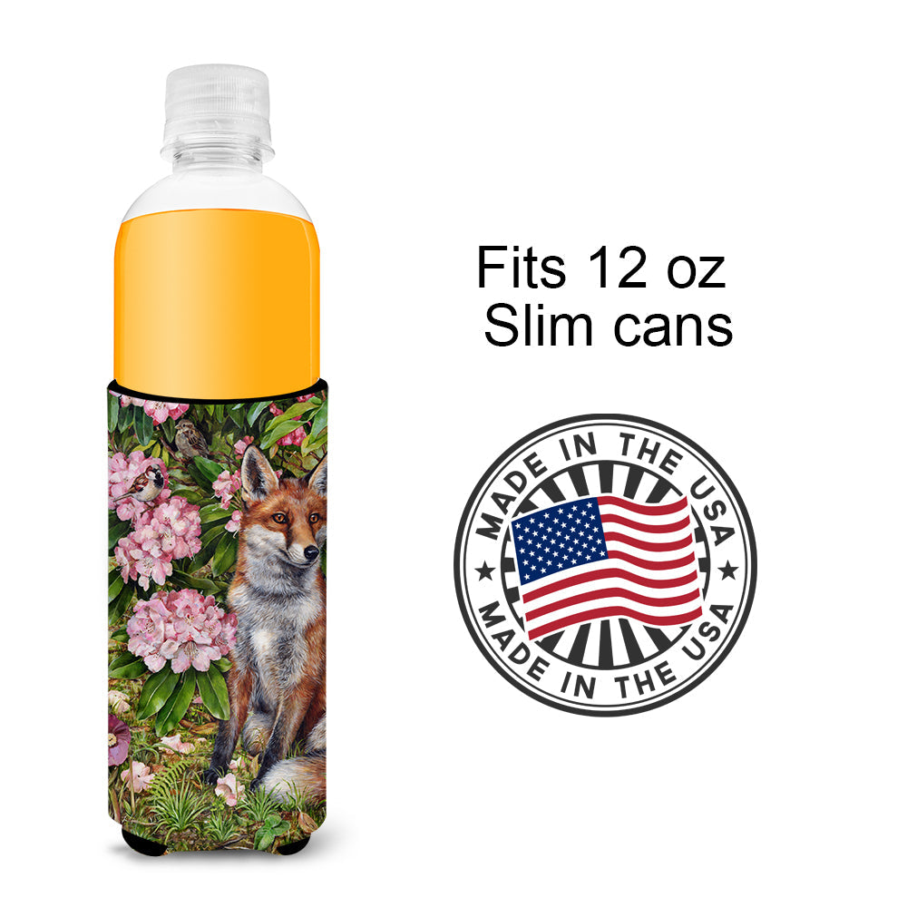 Fox Waiting in Flowers Slim Can Hugger , Insulated Foam Hugger for 12 oz Slim Cans, Beer Bottles & Water Bottles, Printed in USA