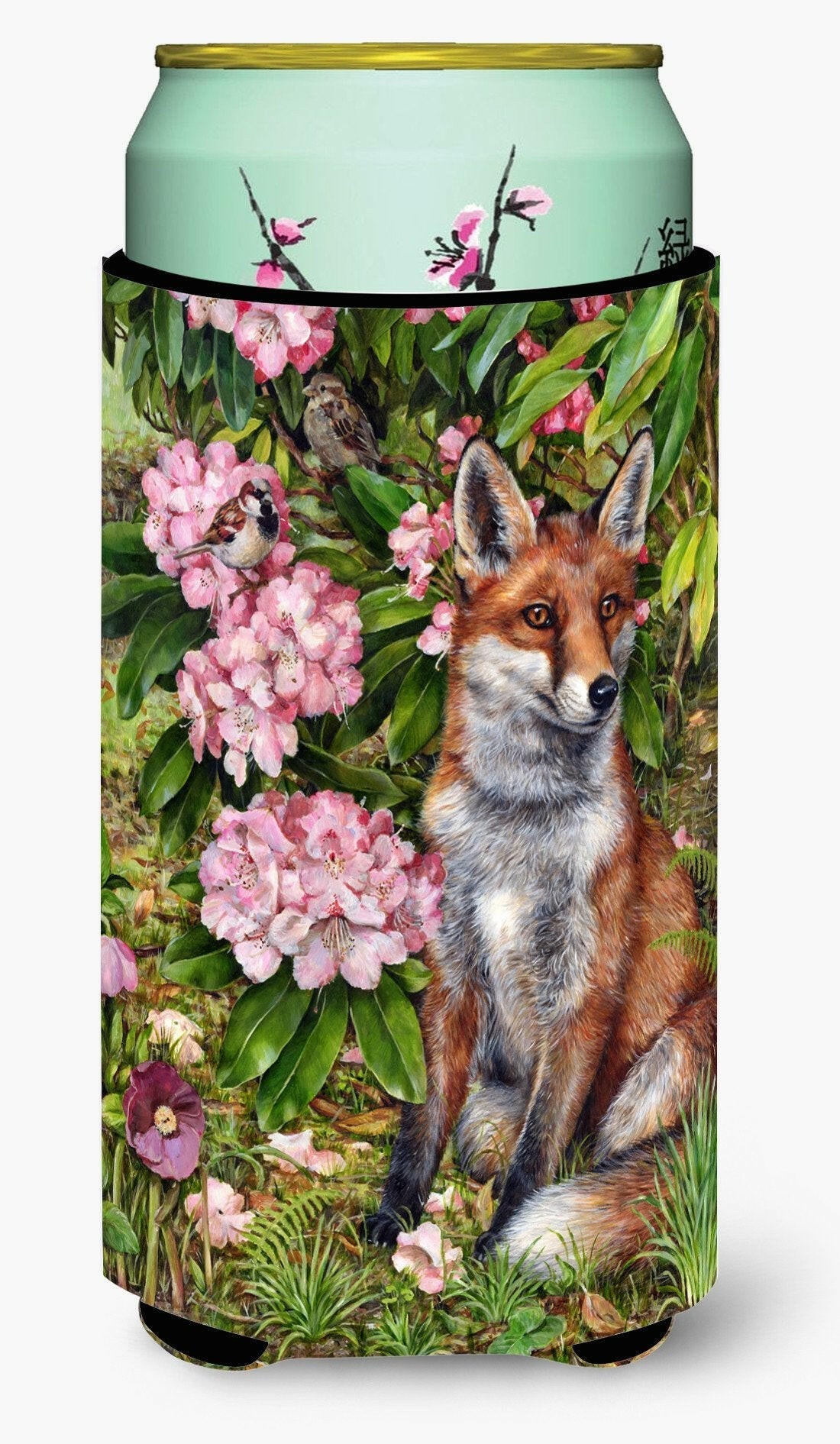 Fox Waiting in Flowers Tall Boy Hugger Can Cooler Sleeve Machine Washable Drink Collapsible Insulator Beverage Insulated Holder