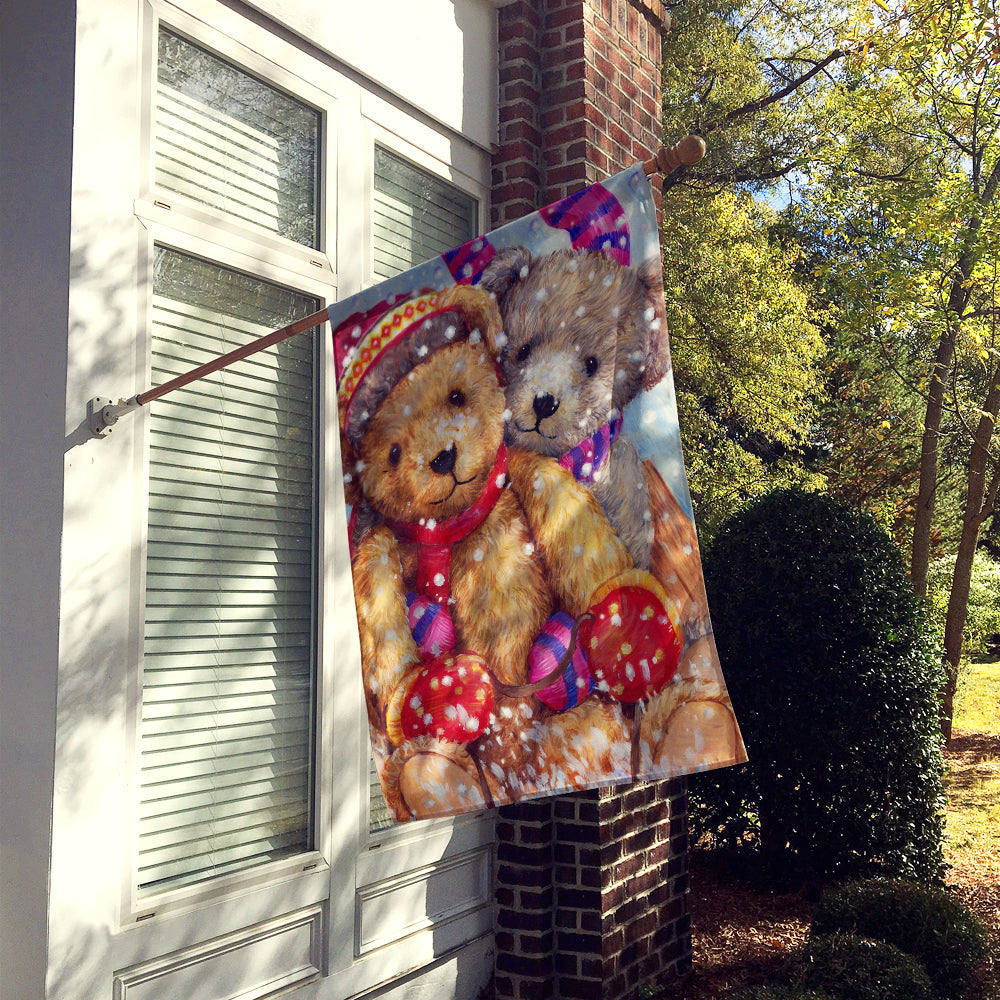 Winter Snow Teddy Bears House Flag 28x40 Porch Sleeve Pole Decorative Outside Yard Banner Artwork Wall Hanging, Polyester