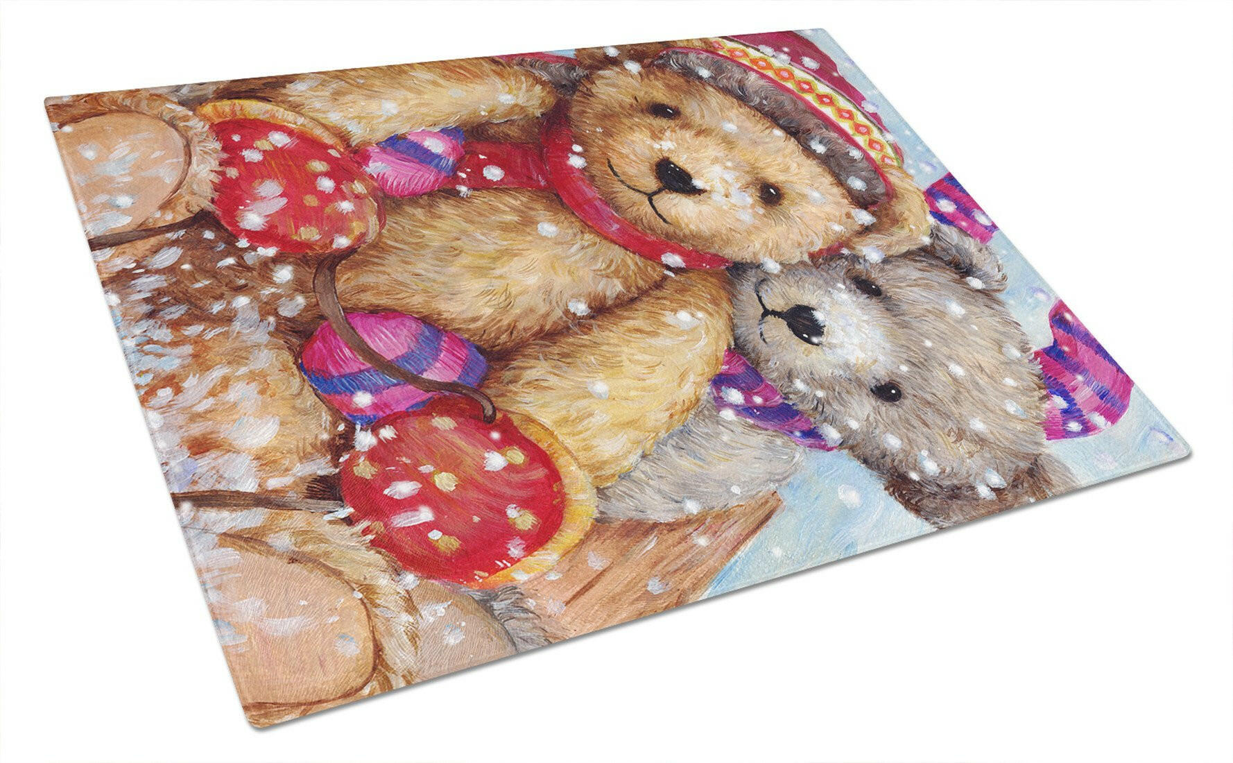 Winter Snow Teddy Bears Cutting Board Tempered Glass Kitchen Cutting Surface, Heat Resistant Chopping, Non-Slip Feet, Food Prep & Serving