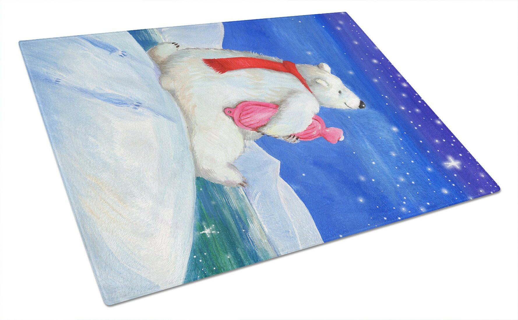 Polar Bear with Hot Water Bottle Cutting Board Tempered Glass Kitchen Cutting Surface, Heat Resistant Chopping, Non-Slip Feet, Food Prep & Serving