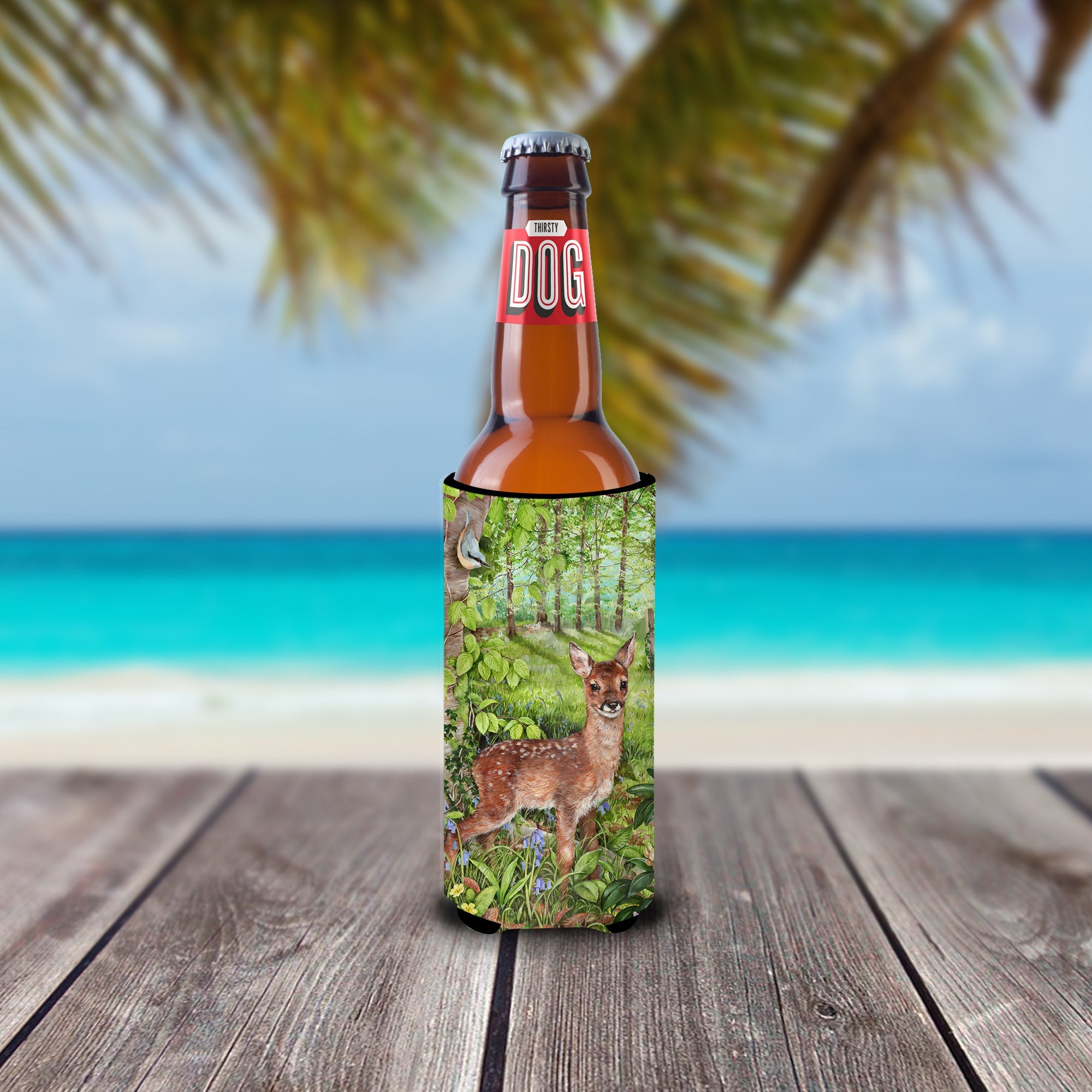 European Roe Deer Fawn Slim Can Hugger , Insulated Foam Hugger for 12 oz Slim Cans, Beer Bottles & Water Bottles, Printed in USA