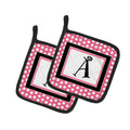 Letter A Monogram - Pink Black Polka Dots Pot Holder Set of 2 Heat Resistant Quilted Hot Pads 7.5 x 7.5 Inch, Insulated Kitchen Trivets for Cooking & Baking