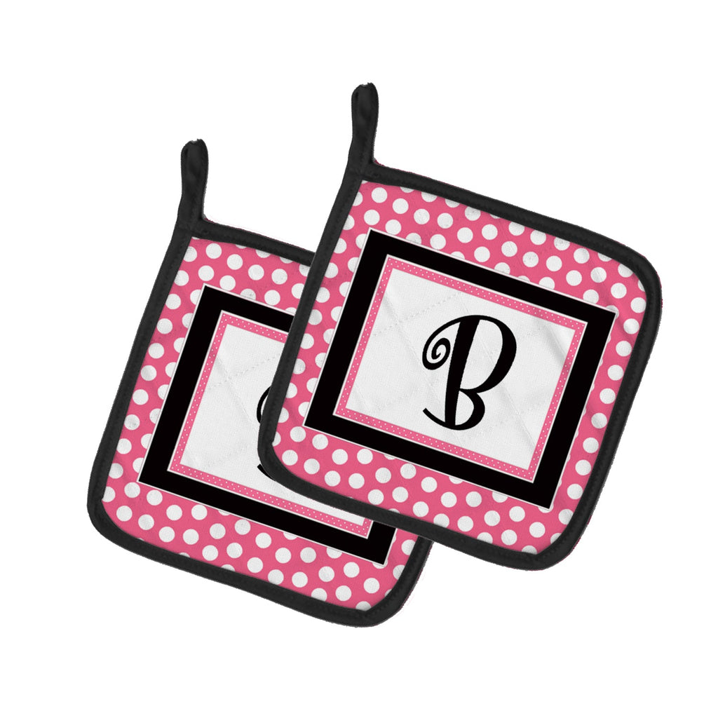 Letter B Monogram - Pink Black Polka Dots Pot Holder Set of 2 Heat Resistant Quilted Hot Pads 7.5 x 7.5 Inch, Insulated Kitchen Trivets for Cooking & Baking
