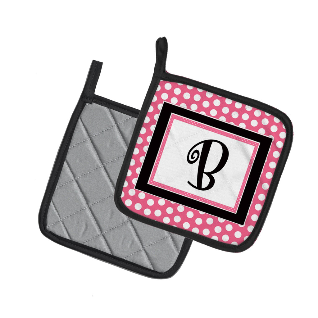 Letter B Monogram - Pink Black Polka Dots Pot Holder Set of 2 Heat Resistant Quilted Hot Pads 7.5 x 7.5 Inch, Insulated Kitchen Trivets for Cooking & Baking