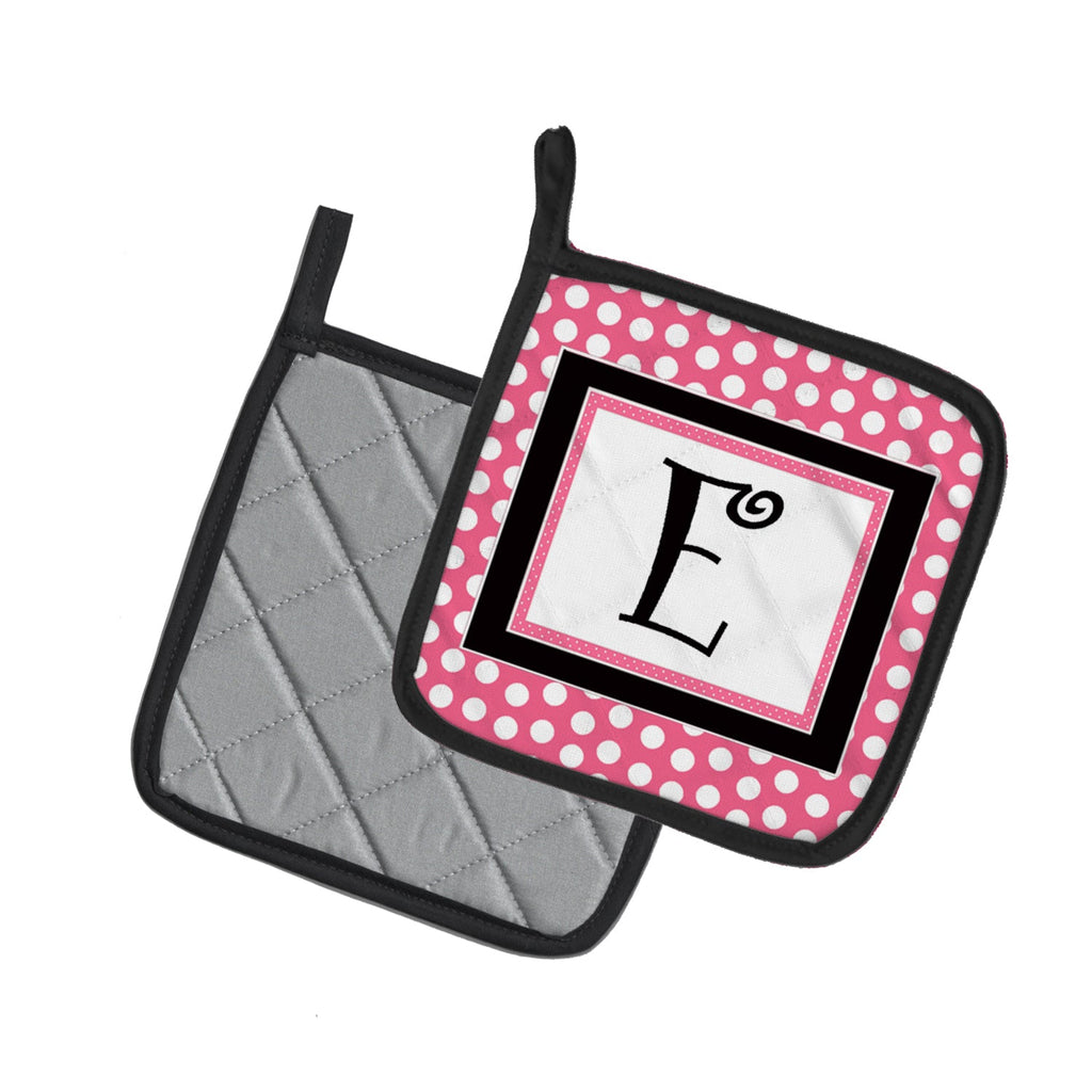 Letter E Monogram - Pink Black Polka Dots Pot Holder Set of 2 Heat Resistant Quilted Hot Pads 7.5 x 7.5 Inch, Insulated Kitchen Trivets for Cooking & Baking