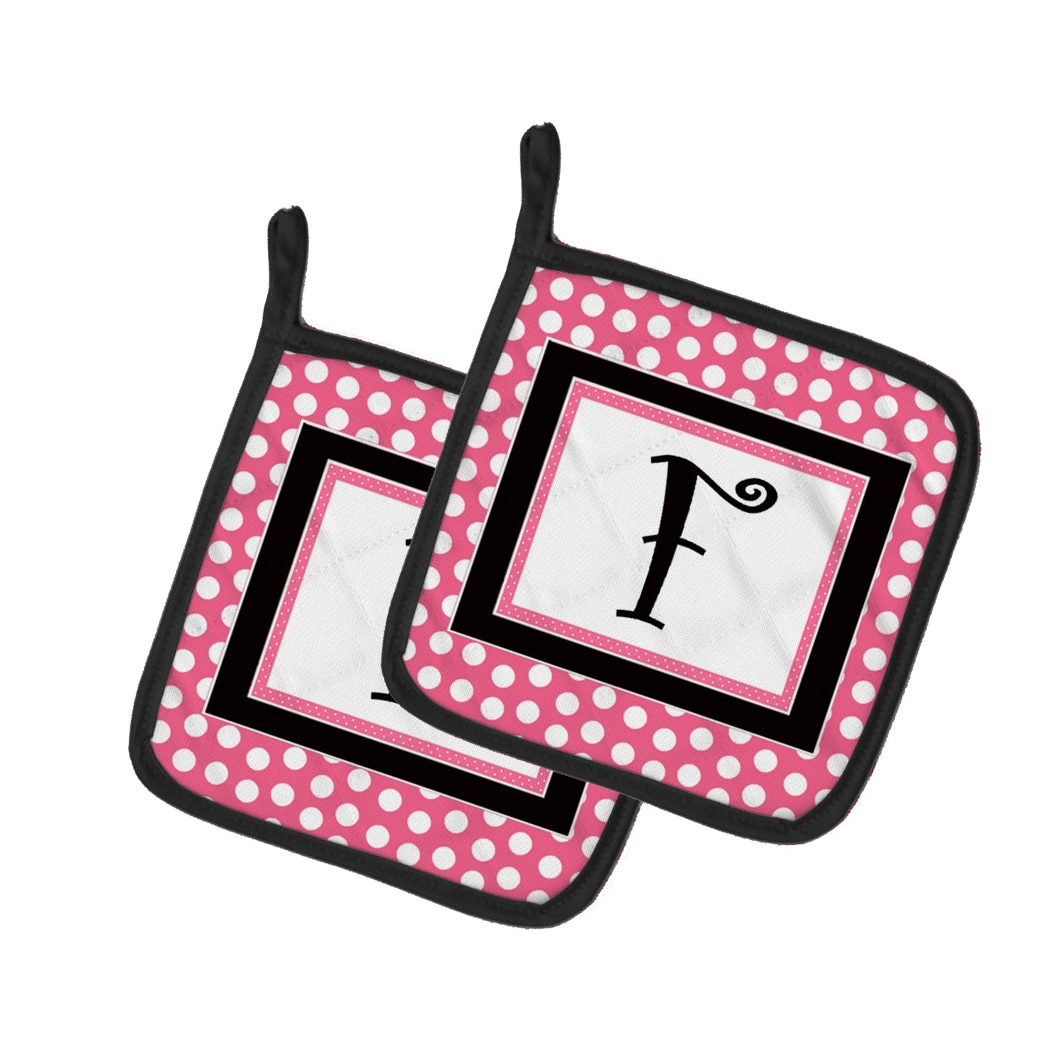 Letter F Monogram - Pink Black Polka Dots Pot Holder Set of 2 Heat Resistant Quilted Hot Pads 7.5 x 7.5 Inch, Insulated Kitchen Trivets for Cooking & Baking