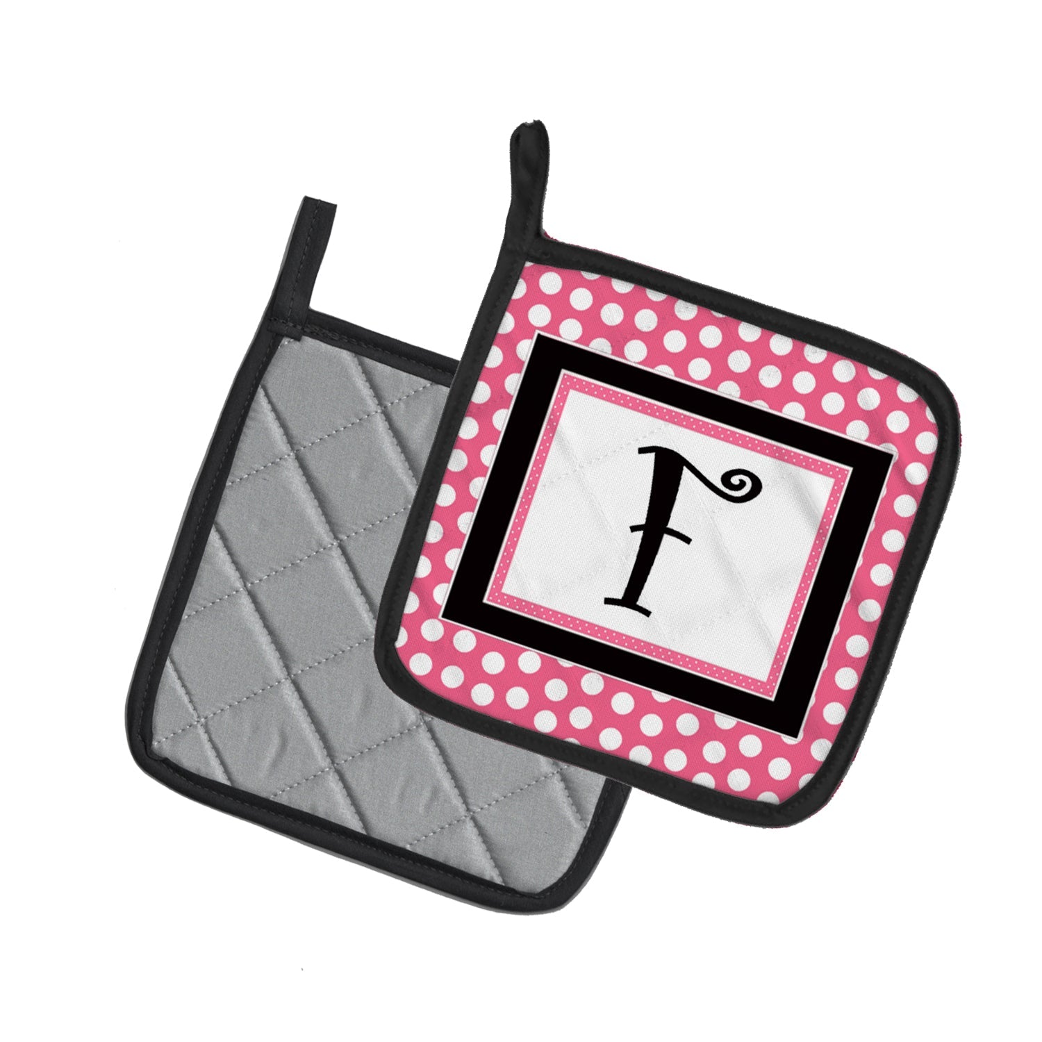 Letter F Monogram - Pink Black Polka Dots Pot Holder Set of 2 Heat Resistant Quilted Hot Pads 7.5 x 7.5 Inch, Insulated Kitchen Trivets for Cooking & Baking
