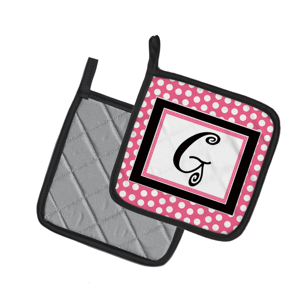 Letter G Monogram - Pink Black Polka Dots Pot Holder Set of 2 Heat Resistant Quilted Hot Pads 7.5 x 7.5 Inch, Insulated Kitchen Trivets for Cooking & Baking