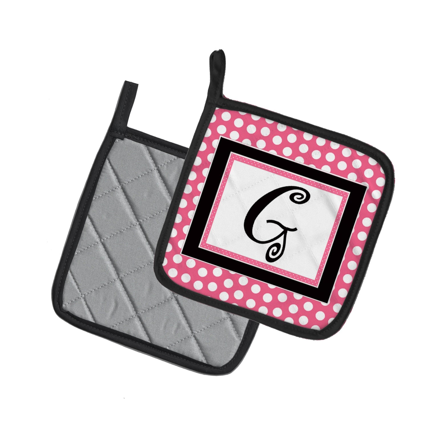 Letter G Monogram - Pink Black Polka Dots Pot Holder Set of 2 Heat Resistant Quilted Hot Pads 7.5 x 7.5 Inch, Insulated Kitchen Trivets for Cooking & Baking
