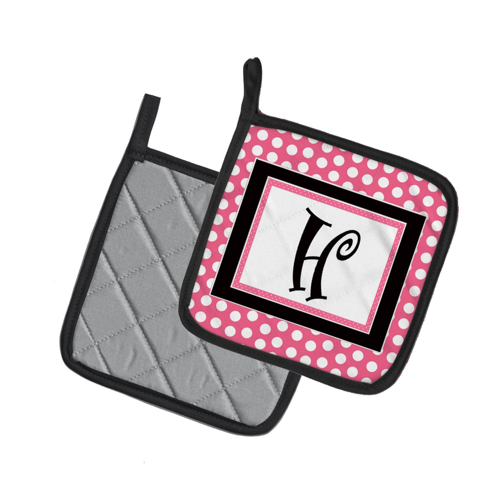 Letter H Monogram - Pink Black Polka Dots Pot Holder Set of 2 Heat Resistant Quilted Hot Pads 7.5 x 7.5 Inch, Insulated Kitchen Trivets for Cooking & Baking