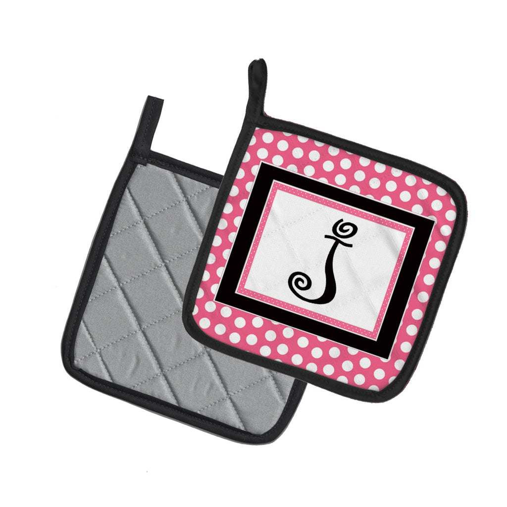 Letter J Monogram - Pink Black Polka Dots Pot Holder Set of 2 Heat Resistant Quilted Hot Pads 7.5 x 7.5 Inch, Insulated Kitchen Trivets for Cooking & Baking